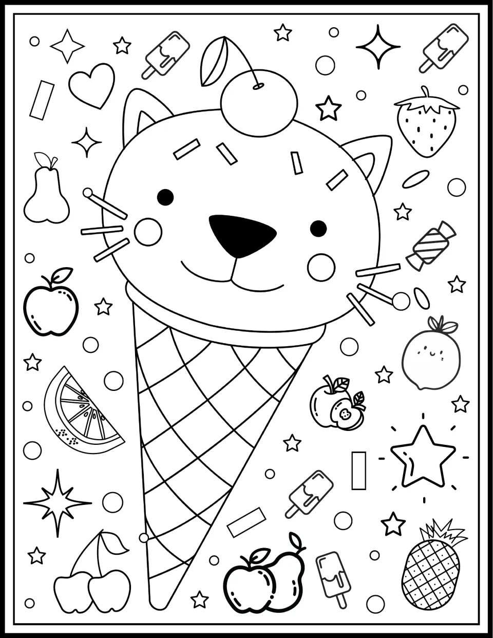 Cat-faced ice cream cone for coloring, with whiskers, sprinkles and a cherry on top, framed by fruit, hearts and popsicles