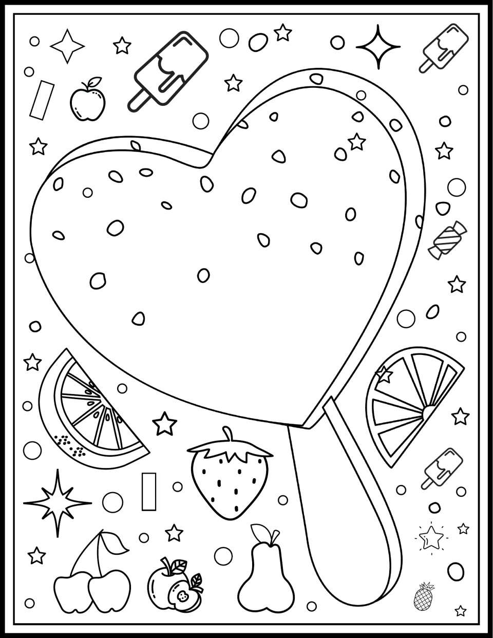 Heart-shaped popsicle on a stick to color, dotted with sprinkles and set among orange slices, a strawberry, pear and stars