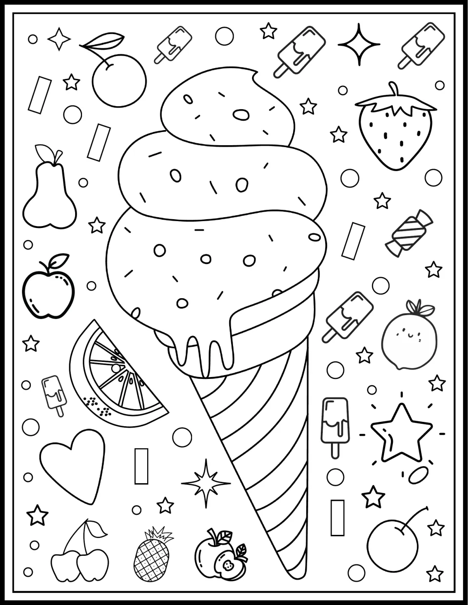 Triple-scoop cone for coloring, with sprinkles and melting drips over a striped cone, plus hearts, fruit and popsicles
