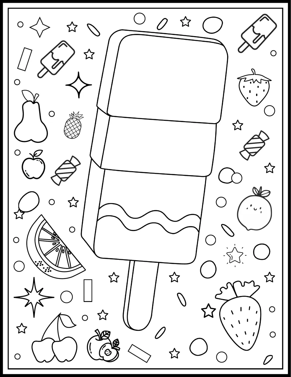 Layered rectangular ice pop outline to color, with a wavy stripe and a stick, among candies, pineapples and strawberries