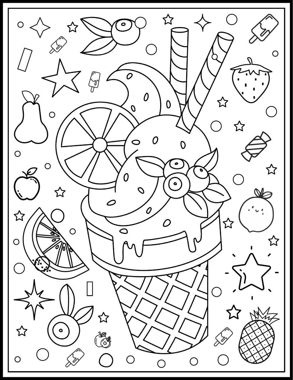 Waffle-cup sundae for coloring, topped with an orange wheel, blueberries, leaves and a striped straw, beside fruit