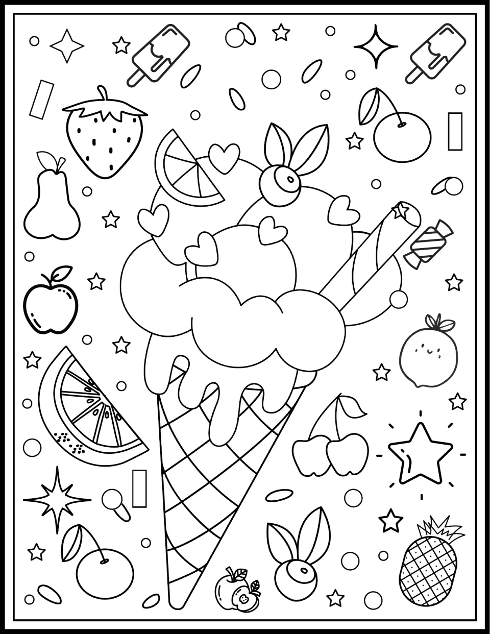 Heaped ice cream cone to color, decorated with little hearts, a wafer roll, a candy and an orange slice, amid cherries