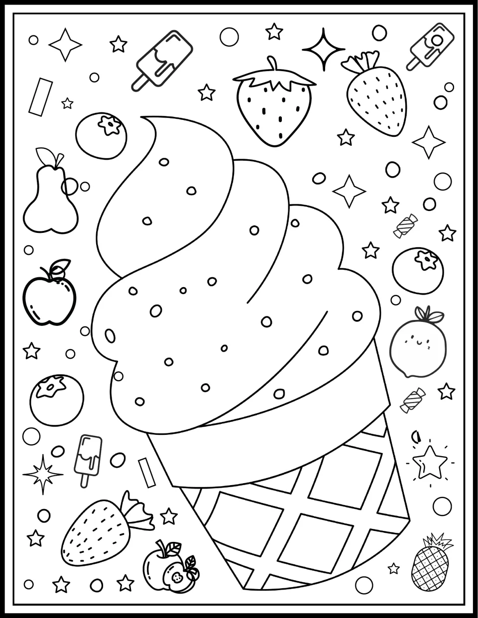 Big swirled scoop in a waffle cone for coloring, with dot sprinkles and surrounded by strawberries, blueberries and candy