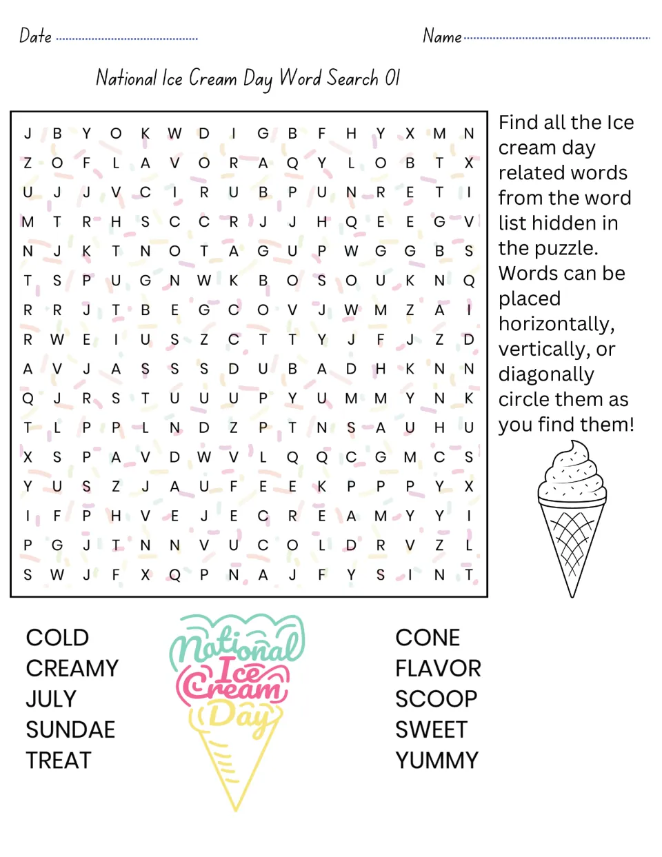 National Ice Cream Day Word Search 01: students circle 10 words such as cone, scoop, sundae and yummy hidden in the puzzle