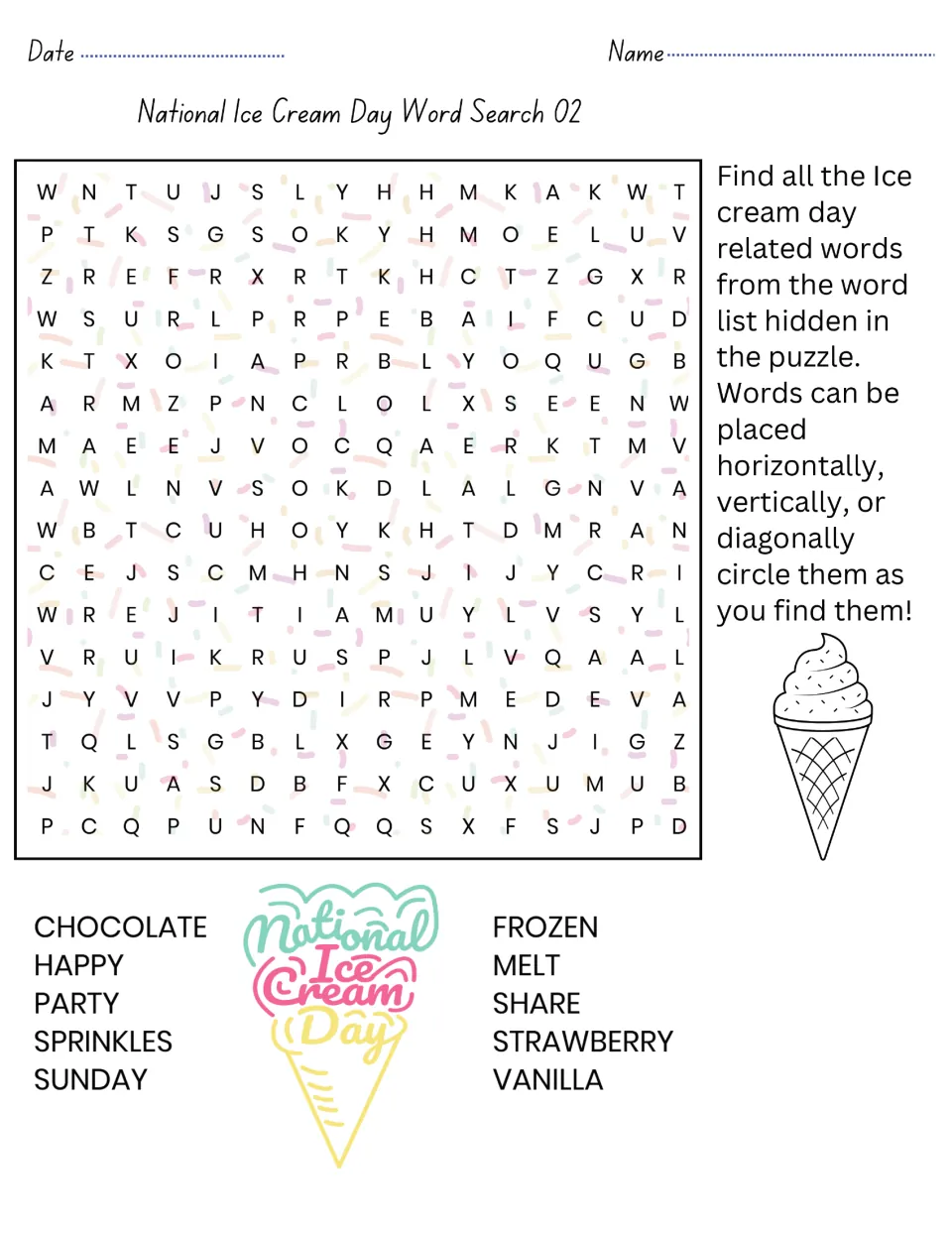 Ice Cream Day Word Search 02: students find and circle chocolate, sprinkles, vanilla, frozen and 6 more words in the puzzle