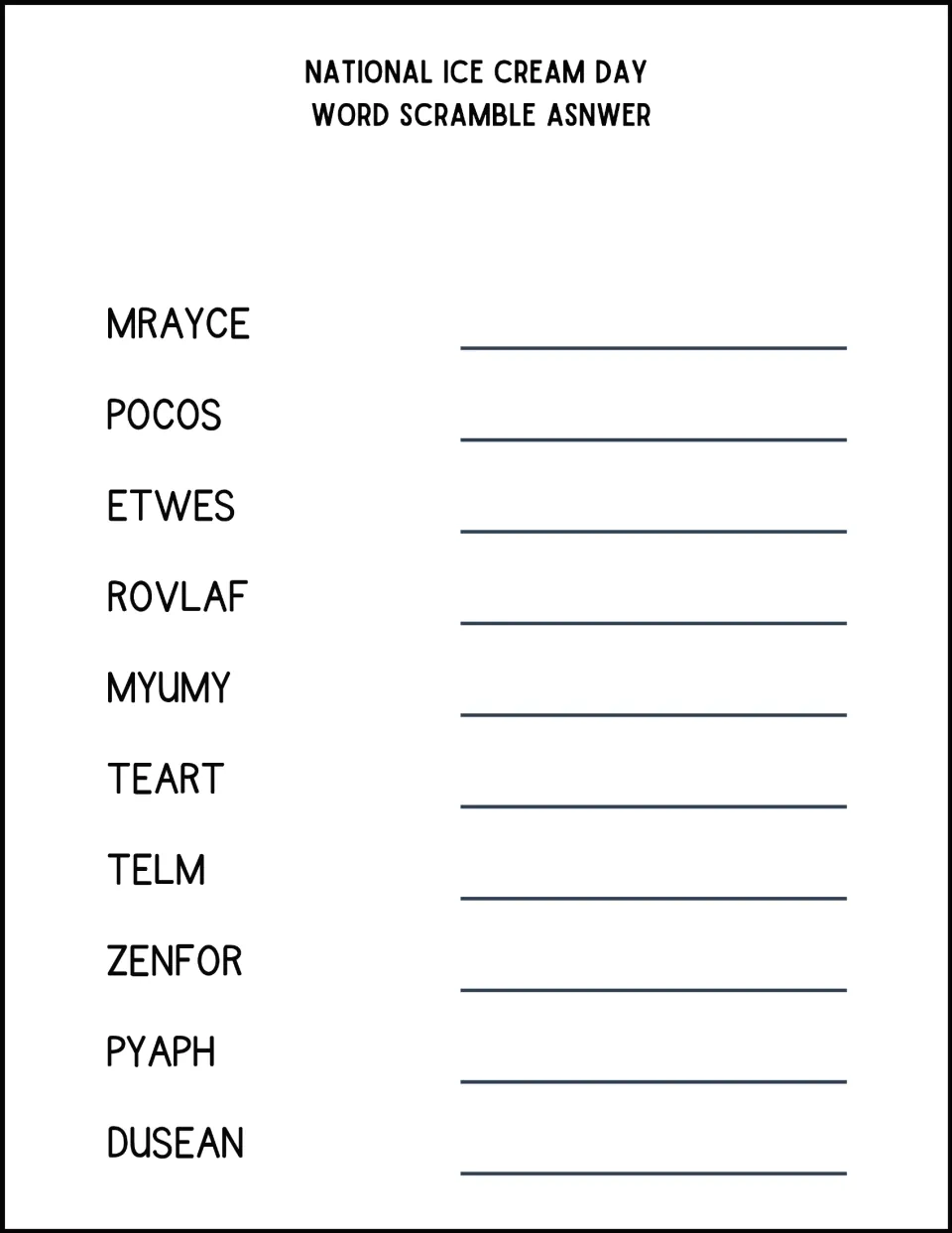 Ice cream word scramble: students unscramble 10 words such as MRAYCE, POCOS and ZENFOR and write each answer