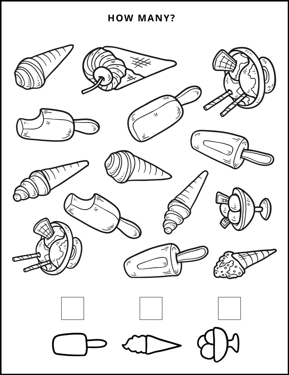How Many? ice cream counting: students count the ice pops, cones and sundae cups in the picture and write each total