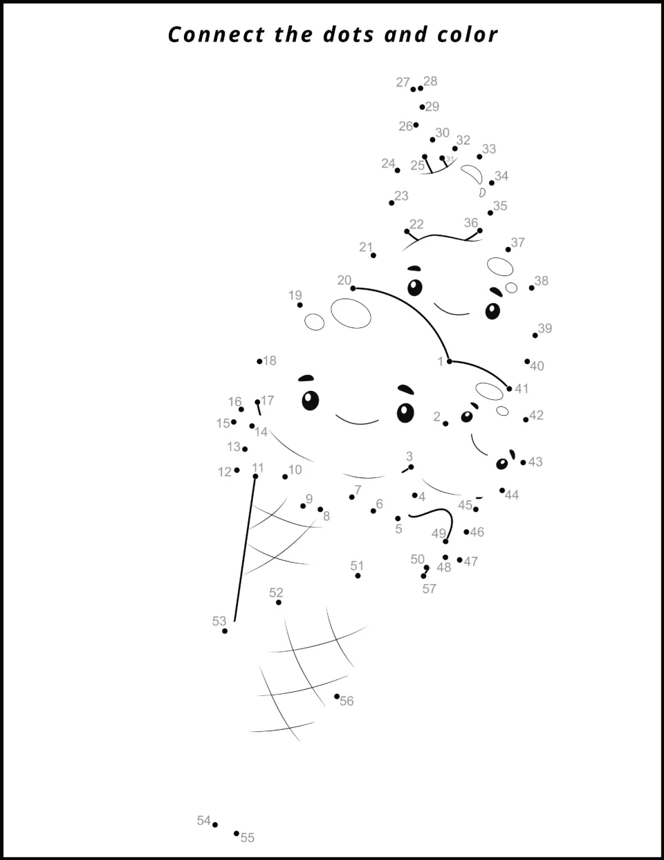Connect the dots and color: students join dots 1 to 57 to finish a smiling double-scoop ice cream cone, then color it