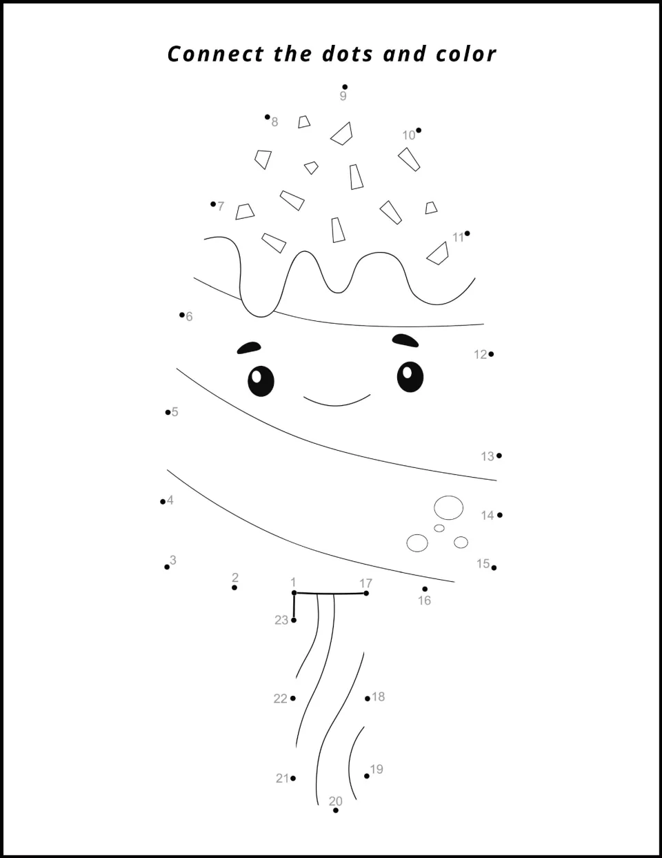Dot-to-dot ice pop: students connect numbers 1 to 23 to complete a smiling popsicle with sprinkles, then color the picture