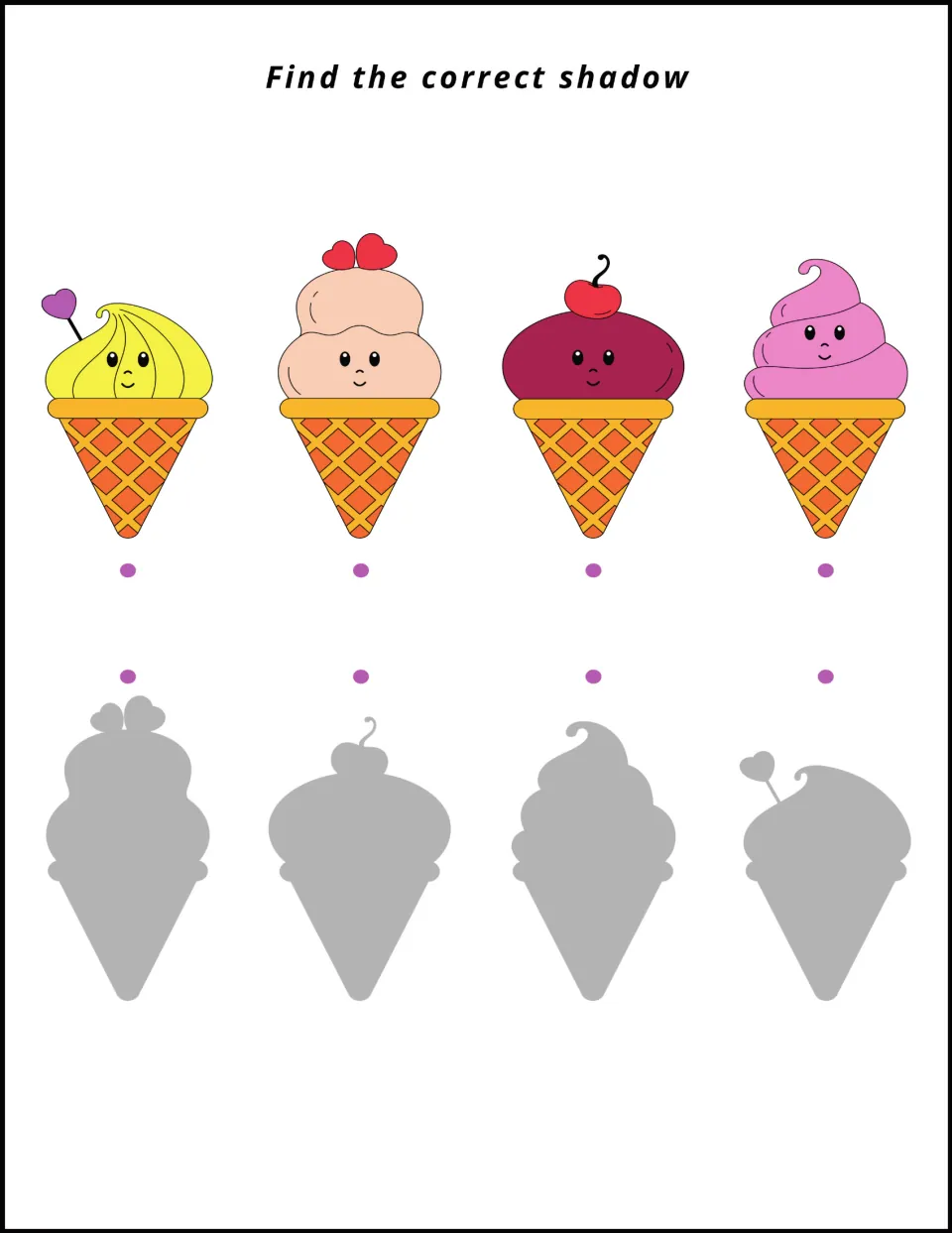Find the correct shadow: students draw a line from each of 4 colorful ice cream cones to its matching gray silhouette