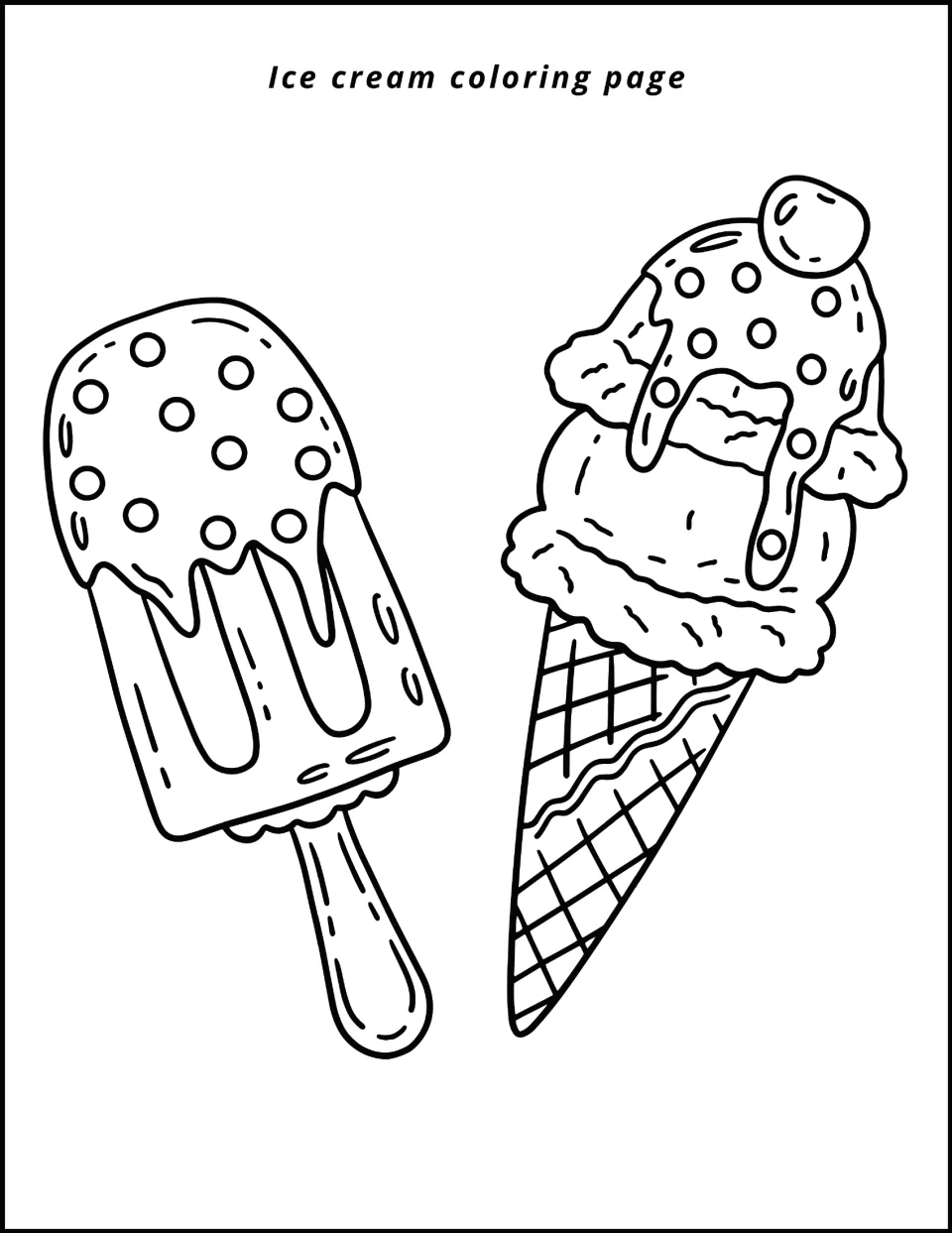 Ice cream coloring page: students color a dipped ice pop with sprinkles and a two-scoop waffle cone topped with a cherry