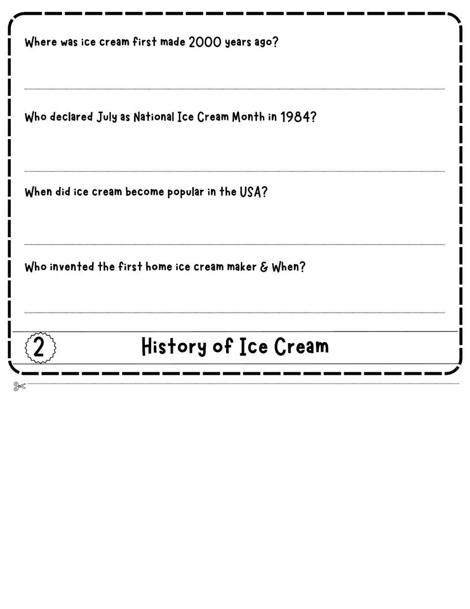 History of Ice Cream flap 2: students answer four questions on where ice cream began, July 1984 and home ice cream maker