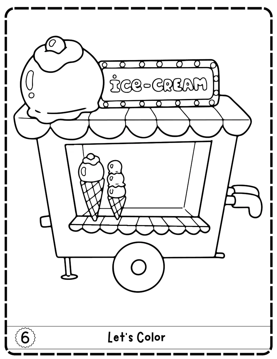 Let's Color flap 6: students color an ice cream cart with an Ice-Cream sign, scalloped awning and two cones on display
