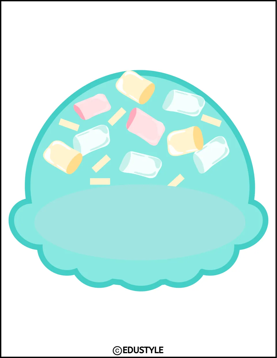 Mint-colored ice cream scoop cut-out with pink, yellow and white marshmallows and sprinkles, plus a pale oval band