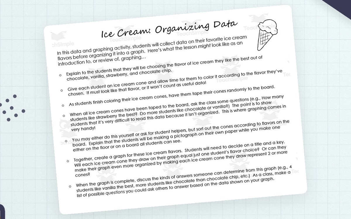Ice Cream Graph Activity directions with sample cone pieces and a class-data pictograph.