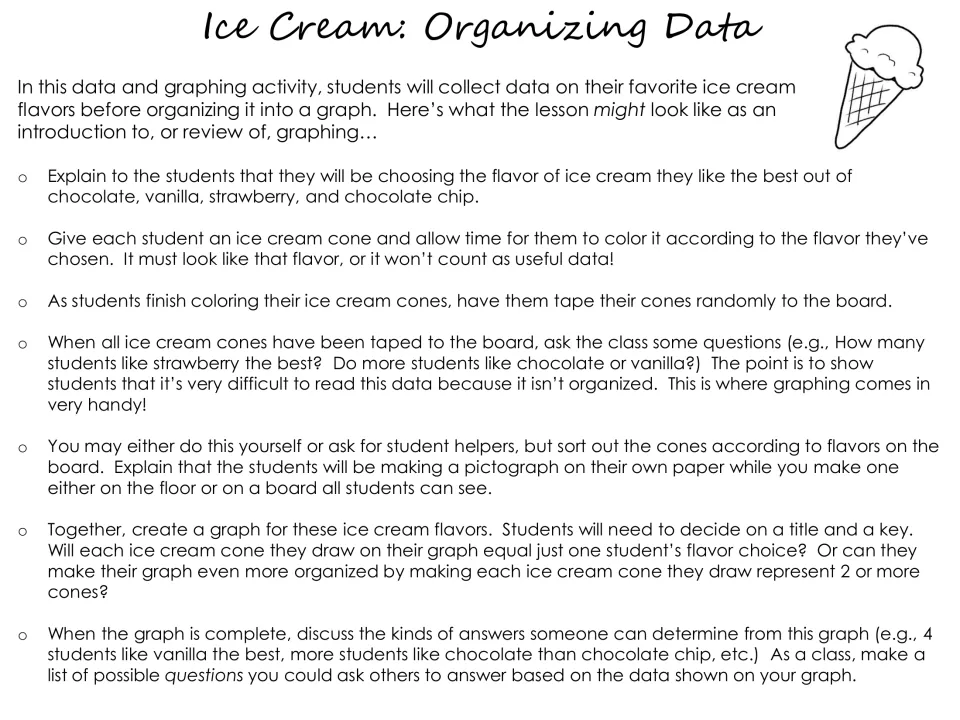 Organizing data lesson plan: teacher steps for collecting favorite ice cream flavors and building a class pictograph