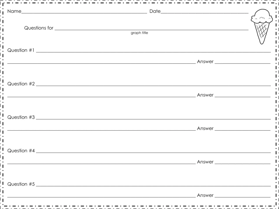 Graph questions page: students write five questions about their flavor graph's data and record an answer for each
