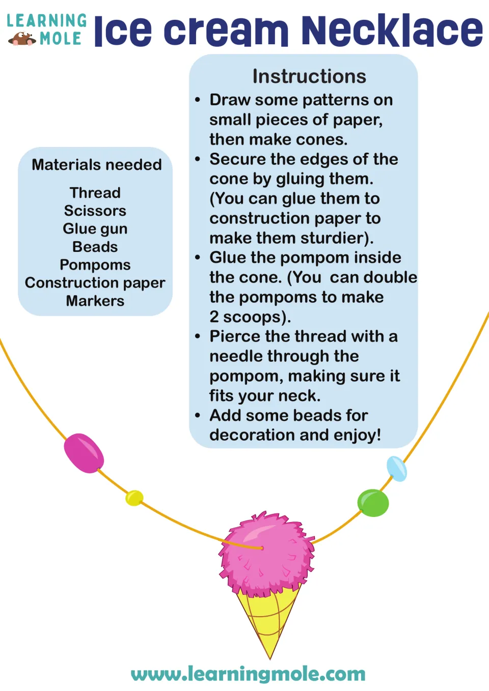 Ice cream necklace craft: students make paper cones, glue in pompom scoops, then thread them with beads on a necklace