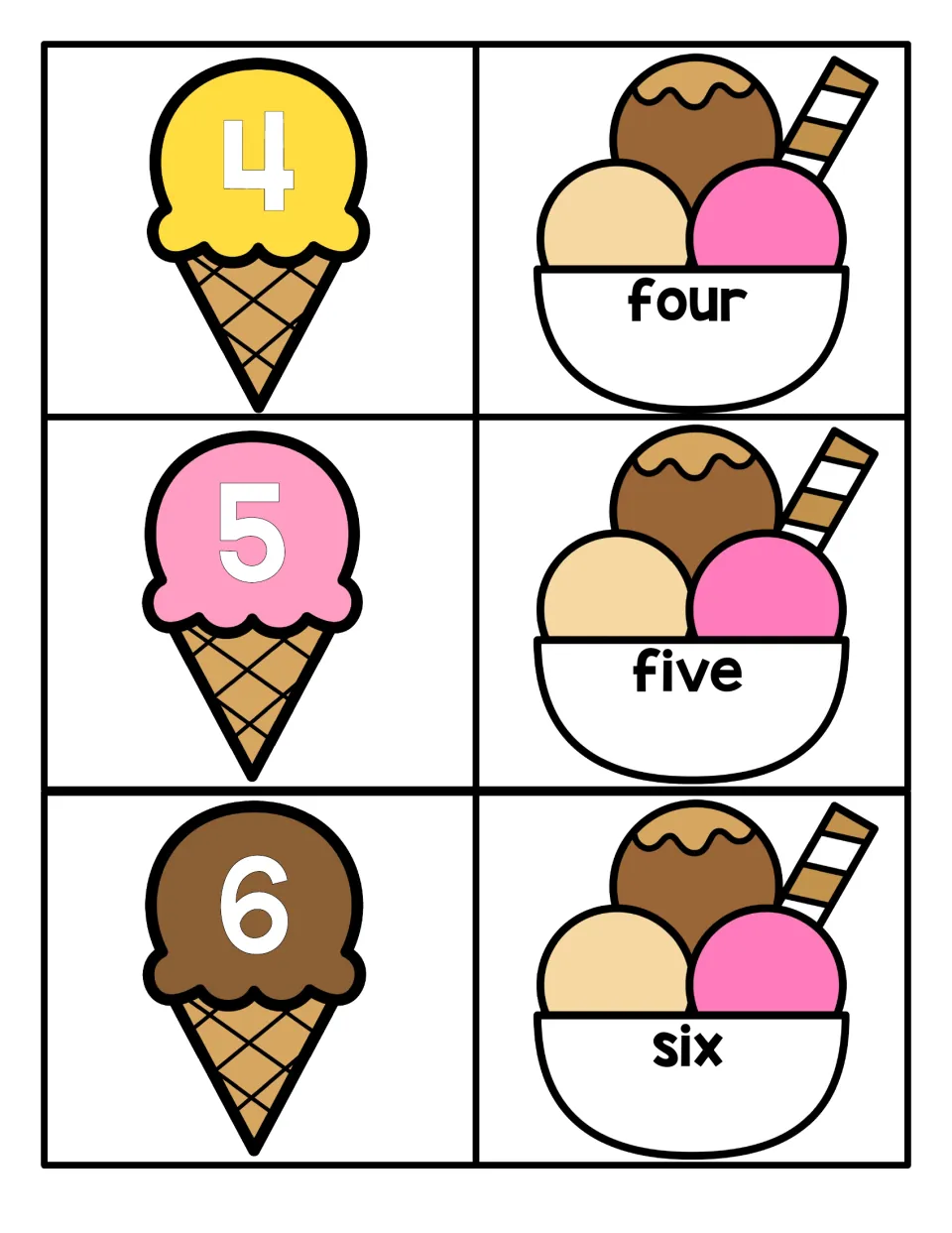 Numbers 4 to 6: cone cards with numerals 4, 5 and 6 pair with sundae cards reading four, five and six for word matching