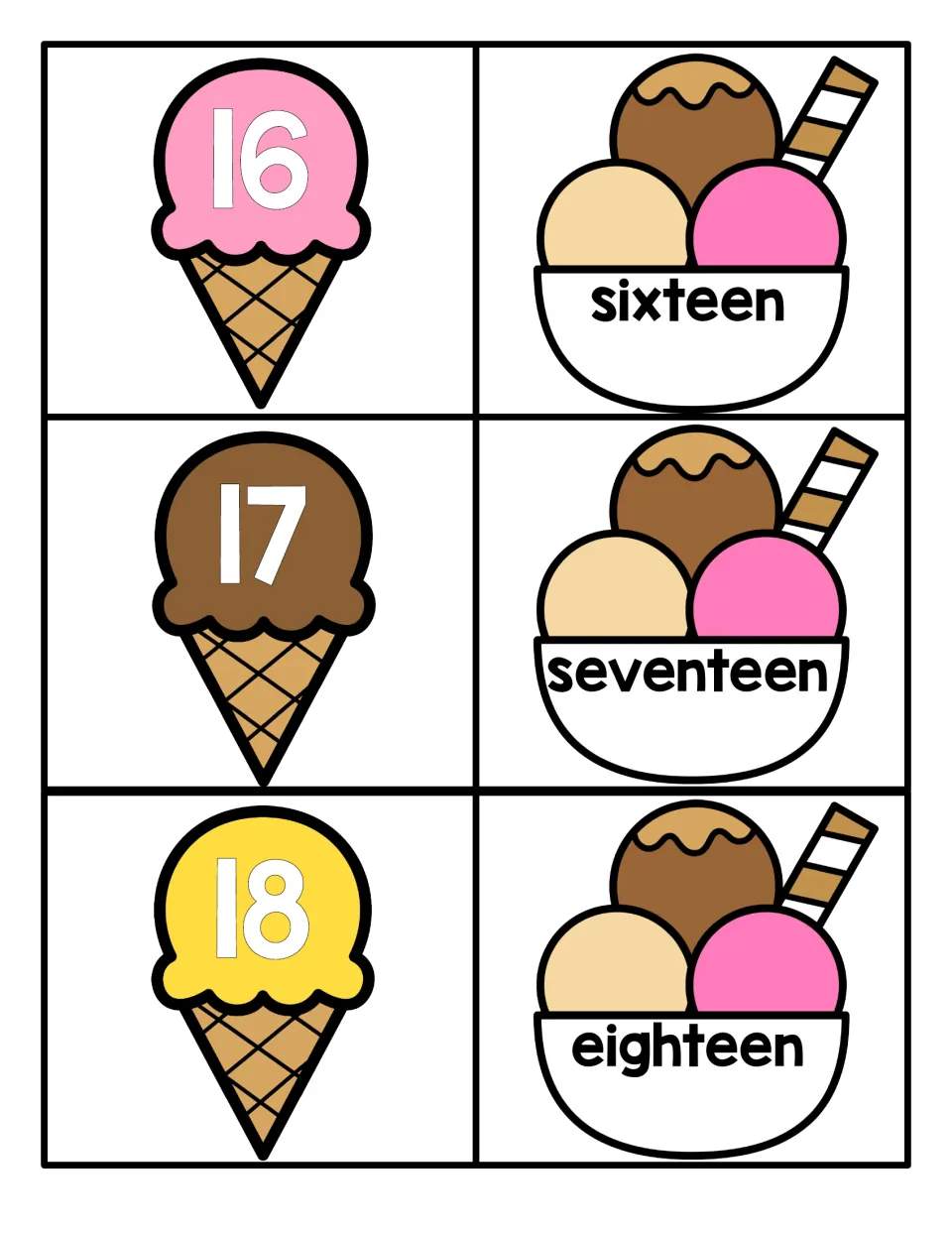 Teen numbers 16 to 18: cone cards with 16, 17 and 18 match sundae cards reading sixteen, seventeen and eighteen