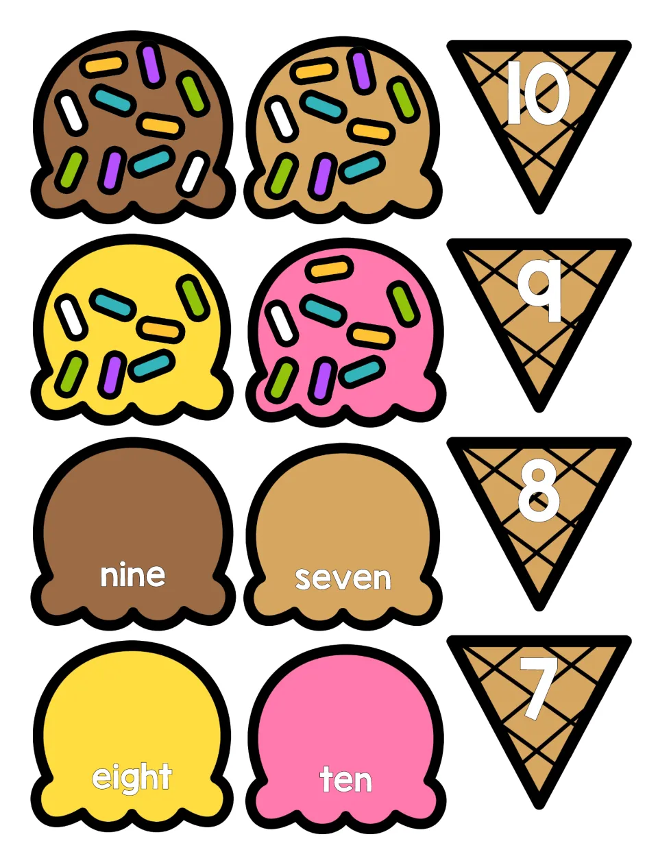 Number puzzle cut-outs for 7 to 10: cones with numerals, sprinkle scoops to count and scoops with number words to match