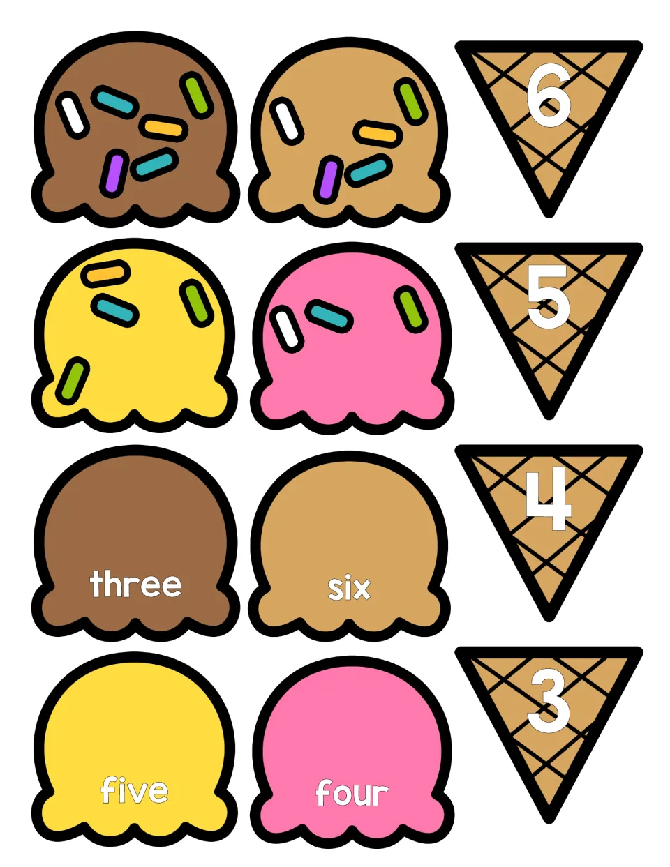 Ice cream matching pieces for 3 to 6: numeral cones, scoops with sprinkles to count and scoops naming three to six