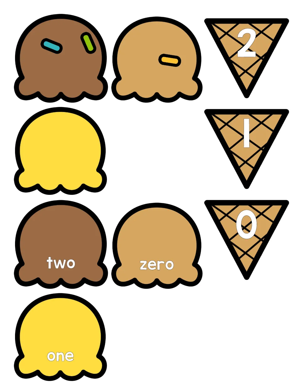 Counting puzzle pieces for 0 to 2: cones showing numerals, scoops with 0 to 2 sprinkles and scoops reading zero, one, two