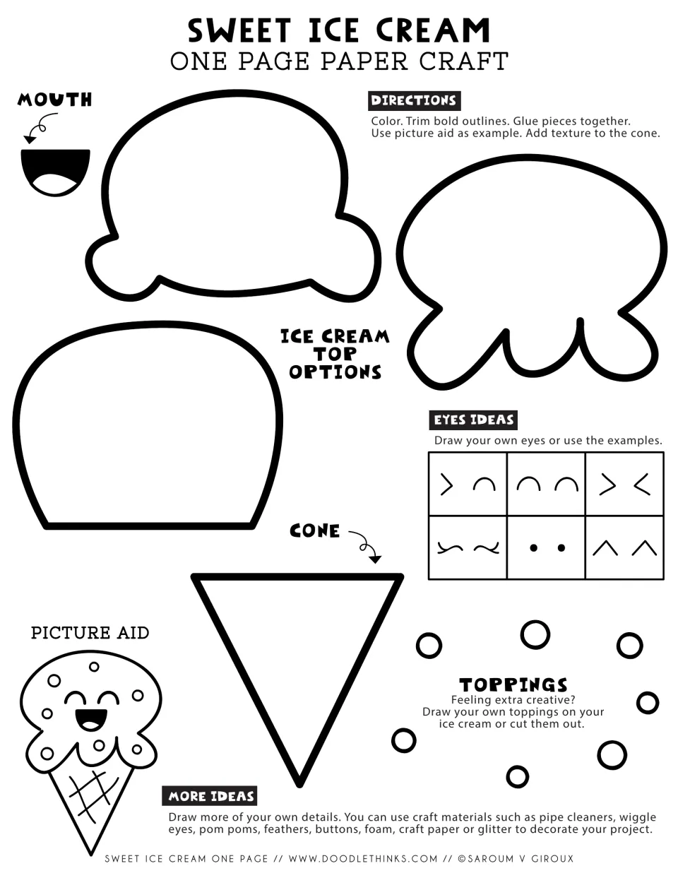 Sweet Ice Cream craft template: students color, trim and glue a cone, a mouth, toppings and one of three scoop shapes