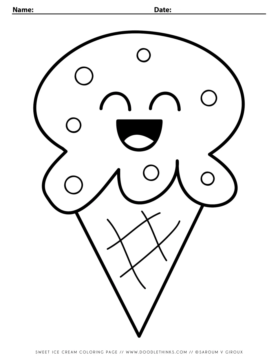 Sweet ice cream coloring page: a smiling scoop with round sprinkles on a waffle cone for students to color in