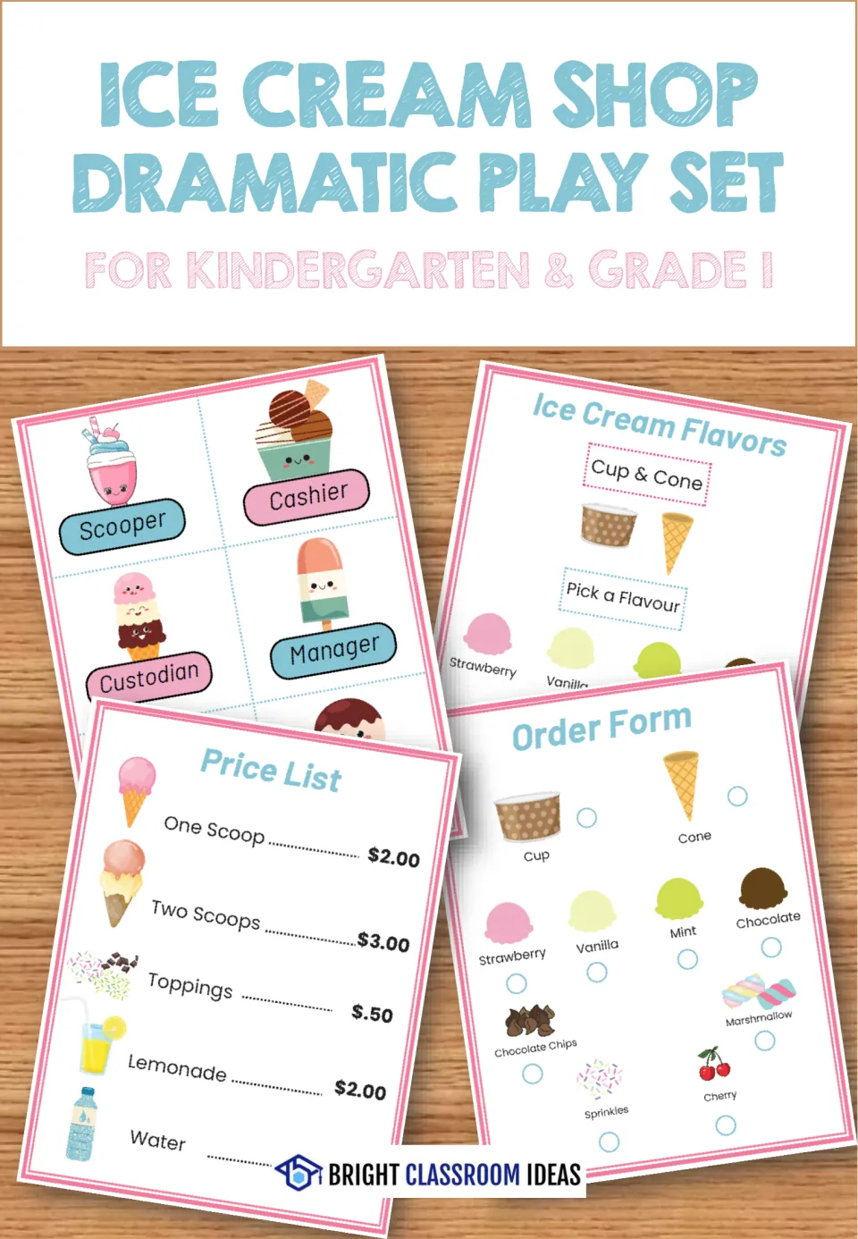 Ice cream shop dramatic play set cover showing role cards, a flavor chart, a price list and an order form for pretend play