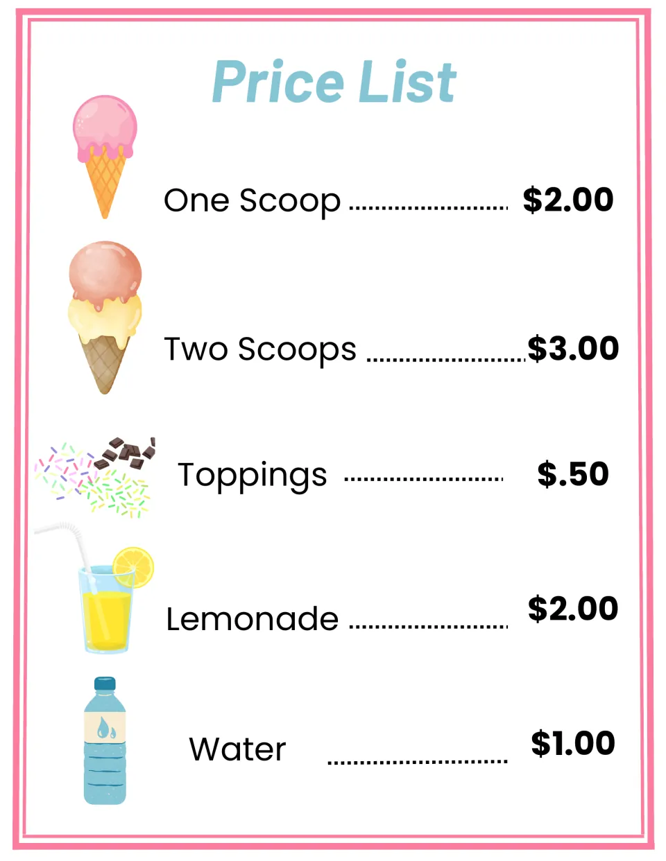 Price list: one scoop $2.00, two scoops $3.00, toppings $.50, lemonade $2.00 and water $1.00, used for pretend purchases