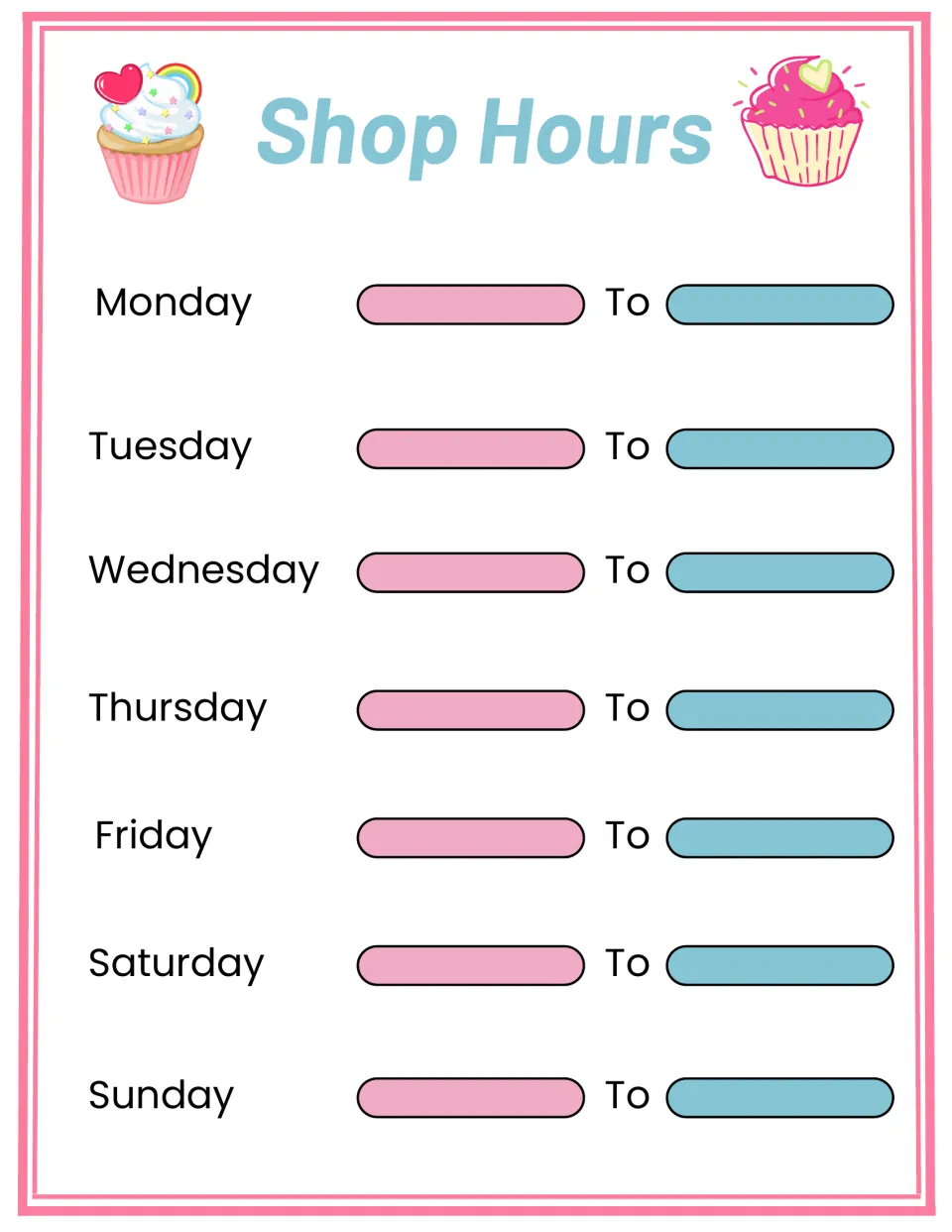 Shop hours chart: students write opening and closing times for each day from Monday to Sunday
