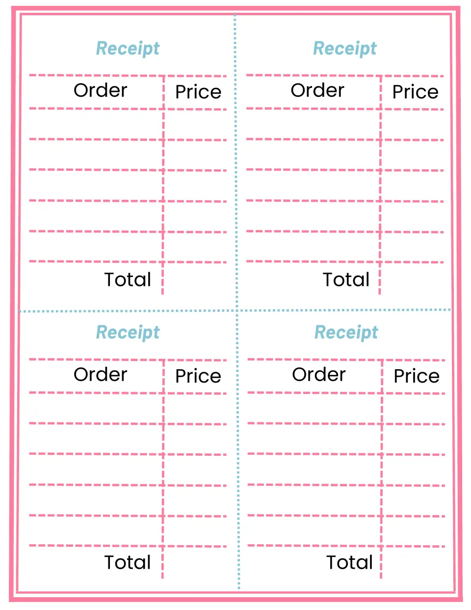 Receipts: cashiers write each item ordered and its price, then the total, on four cut-apart receipt slips