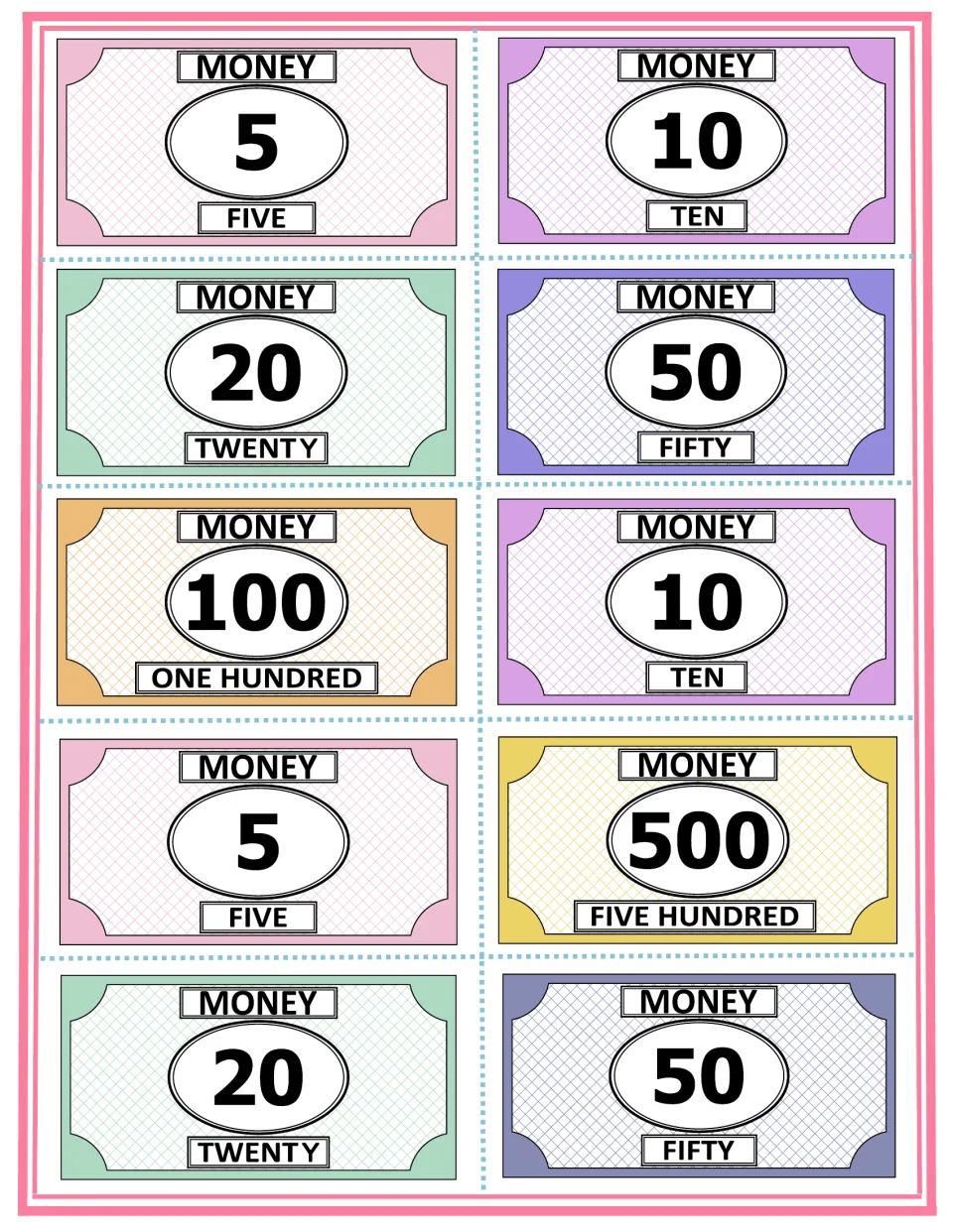 Play money cut-outs: ten bills labeled with numerals and words, in values of 5, 10, 20, 50, 100 and 500