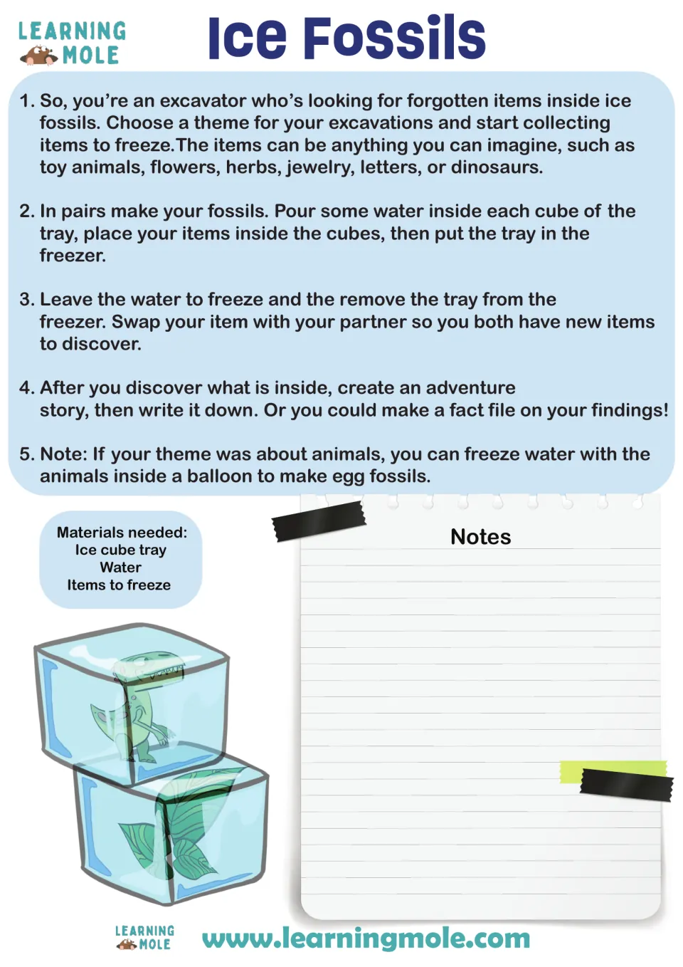 Ice fossils dig: pairs freeze themed items in an ice cube tray, swap and excavate them, then write a story or fact file