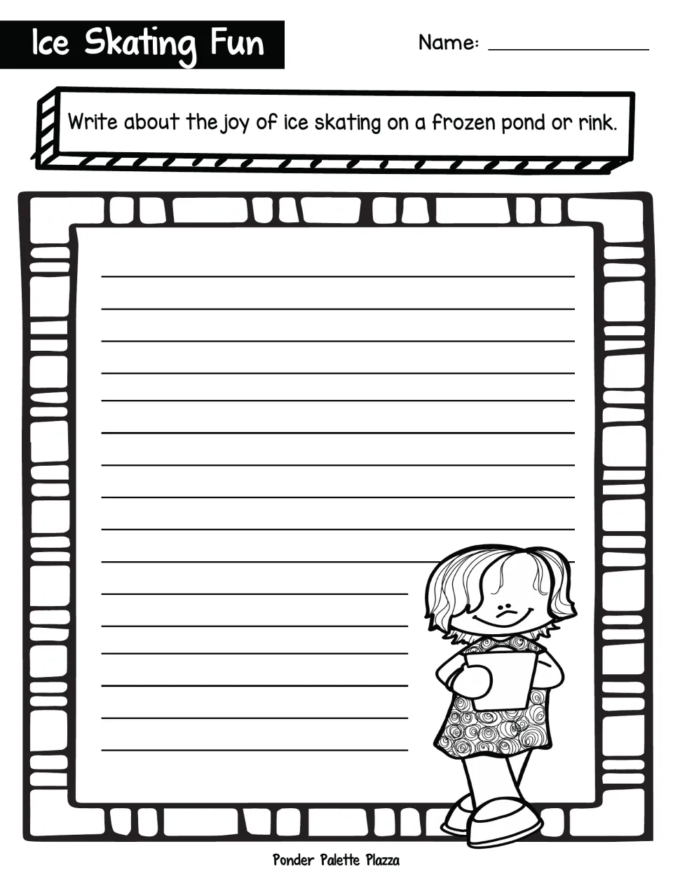 Ice Skating Fun writing prompt: students write about the joy of ice skating on a frozen pond or rink