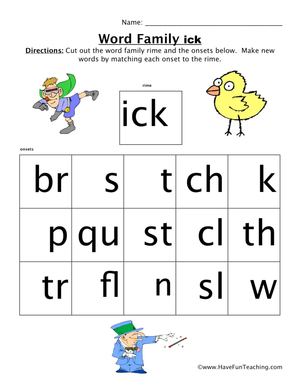 Word family ick: students cut out the ick rime and 15 onset cards such as br, ch, qu and st to build new words