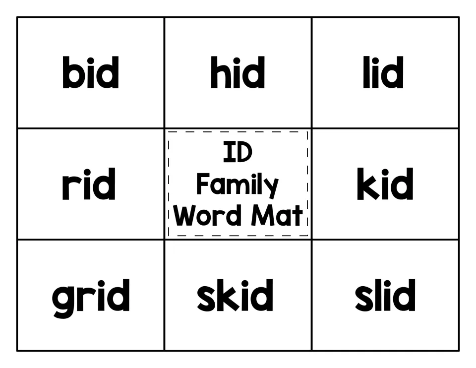 -id word family mat: students match picture cards to the words bid, hid, lid, rid, kid, grid, skid and slid