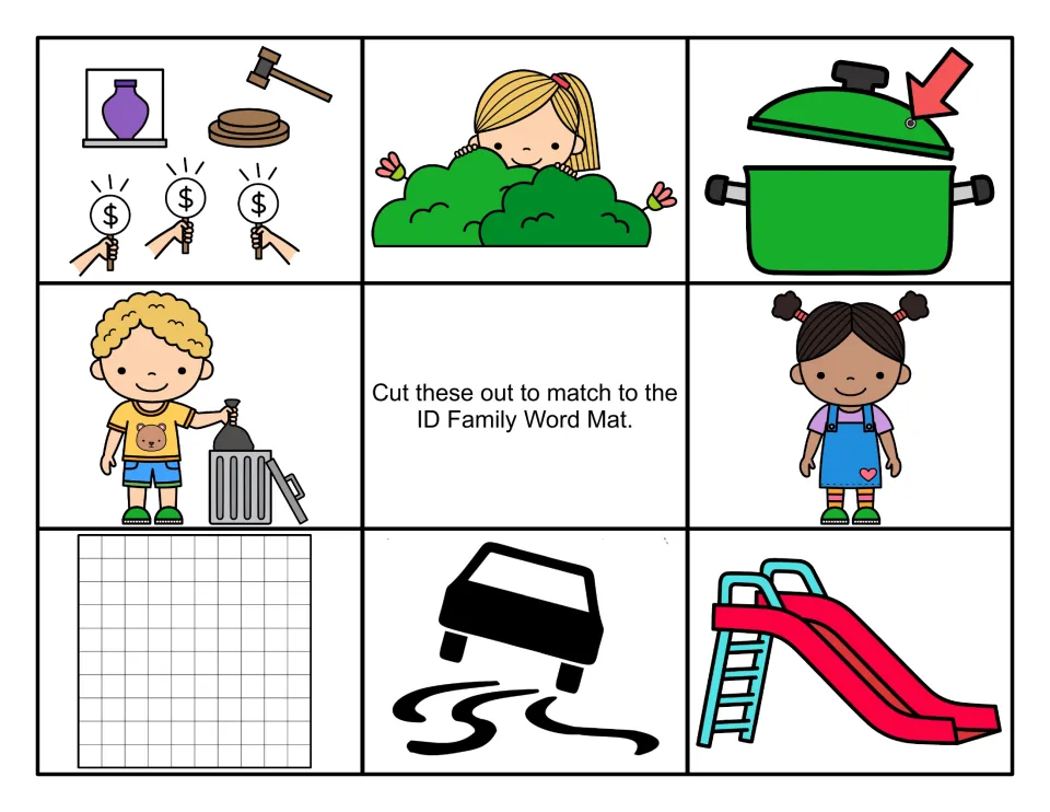 Color -id picture cards to cut out: an auction, a girl hiding, a pot lid, trash, a kid, a grid, a skidding car and a slide
