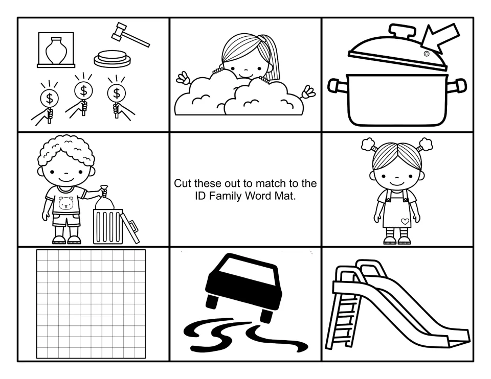Black-and-white -id picture cards for word matching: auction, hiding girl, pot lid, trash, kid, grid, skid, slide