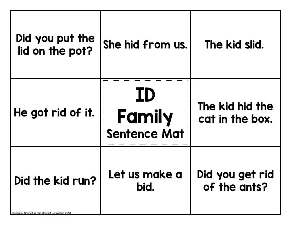 -id family sentence mat: students read eight sentences such as 'She hid from us.' and 'The kid slid.' to match pictures