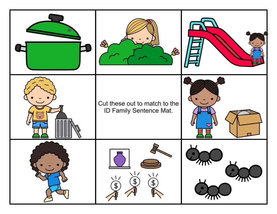 Color picture cards for the -id sentence mat: a pot, a hiding girl, a girl on a slide, a cat in a box, a running kid, ants