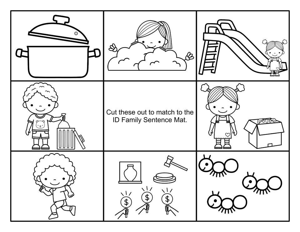Black-and-white sentence-matching cards for -id words: pot, hiding girl, slide, cat in a box, running kid, auction, ants
