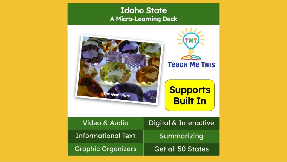 Idaho micro-learning deck cover featuring gemstones and labels for video, audio, and informational text