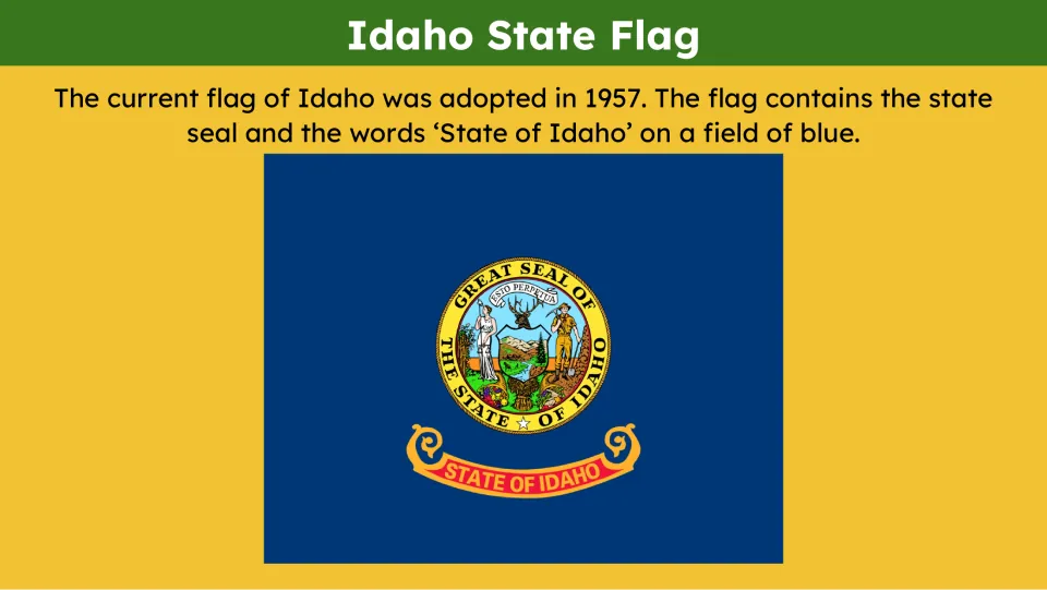 State flag slide shows Idaho's seal and “State of Idaho” on blue, with text giving an adoption year of 1957