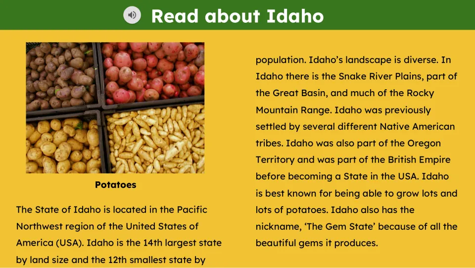 Reading passage covers Idaho's location, size, landscape, history, potatoes, and gems, with an audio icon