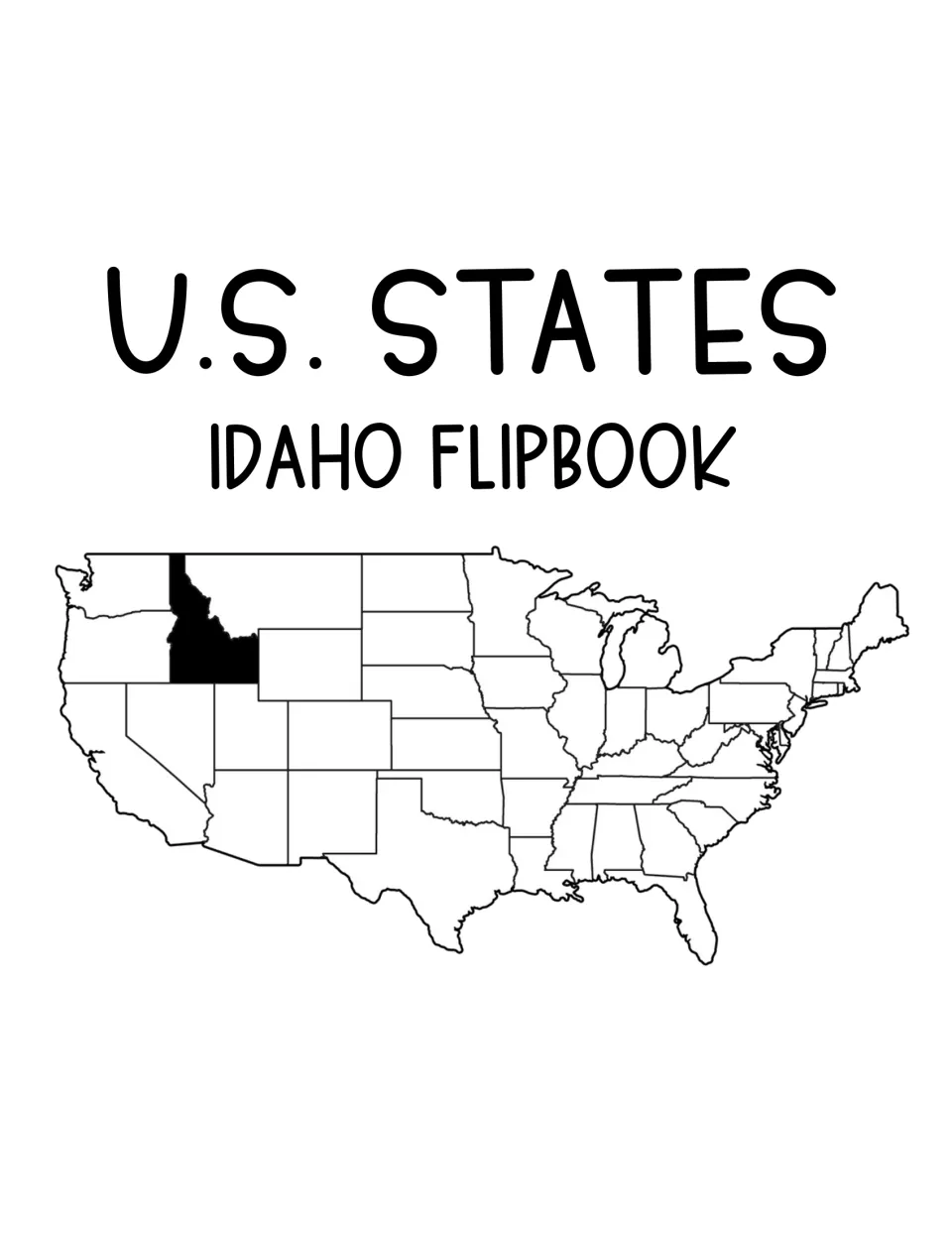 U.S. States Idaho Flipbook cover with an outline map of the United States and Idaho shaded in black to show its location