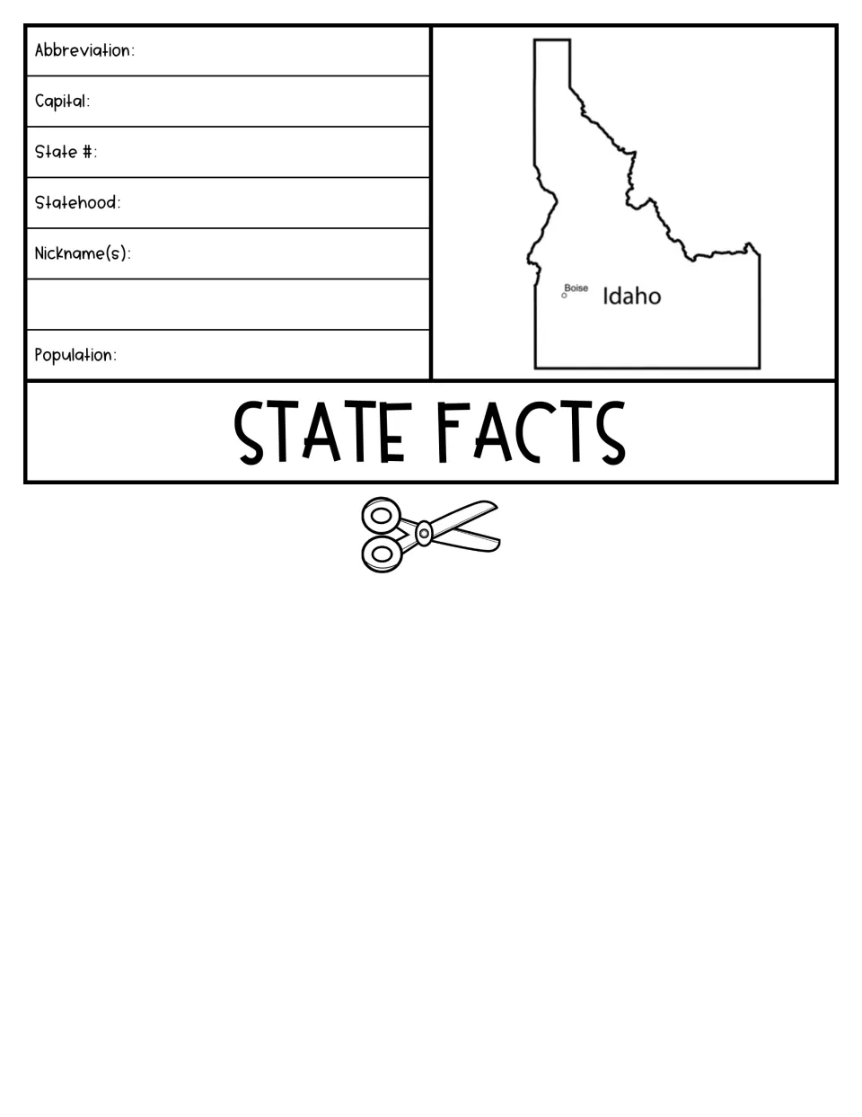 State facts flap: students record Idaho's abbreviation, capital, state number, statehood, nicknames and population