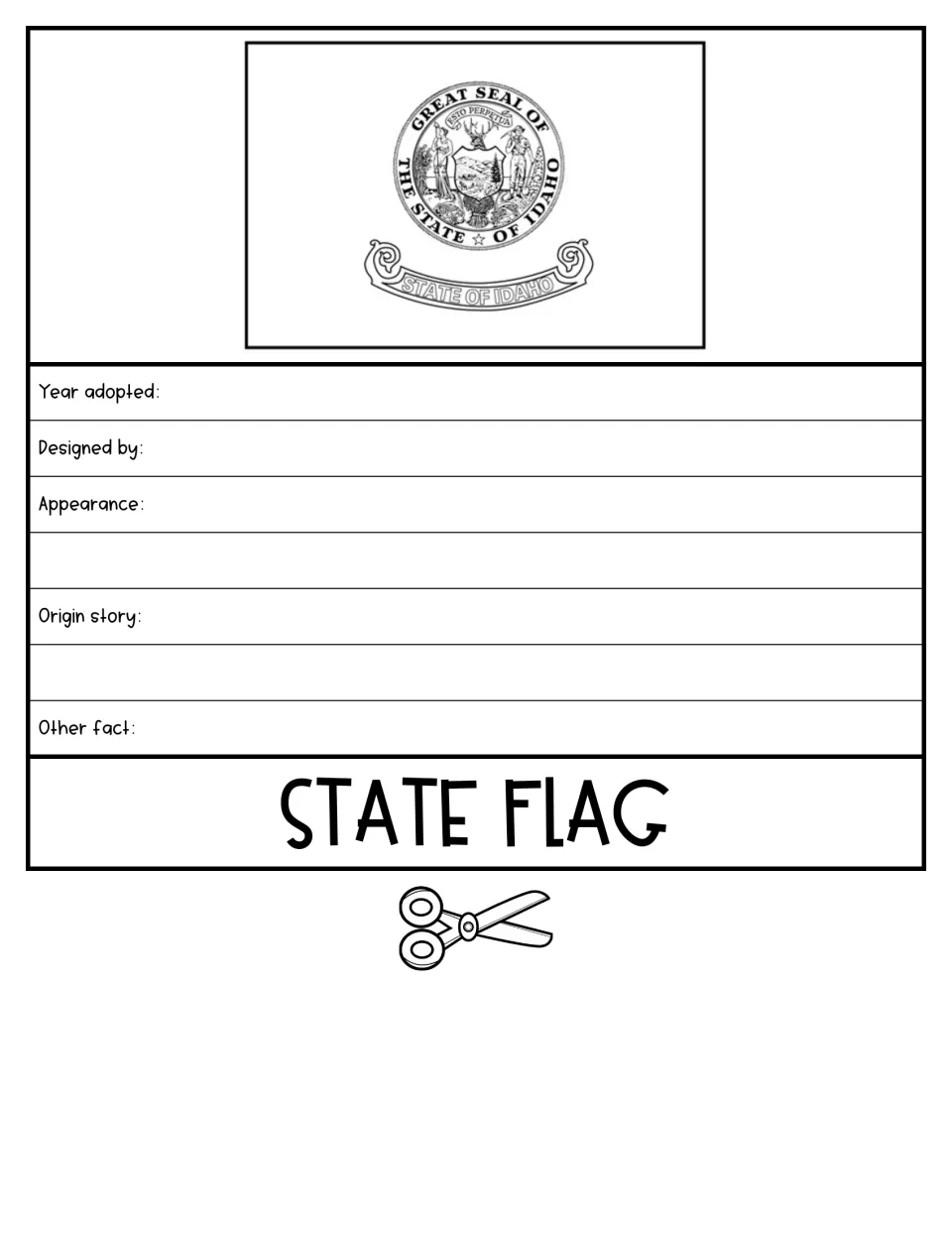 State flag flap showing the Idaho flag with the Great Seal; students record year adopted, designer and origin story