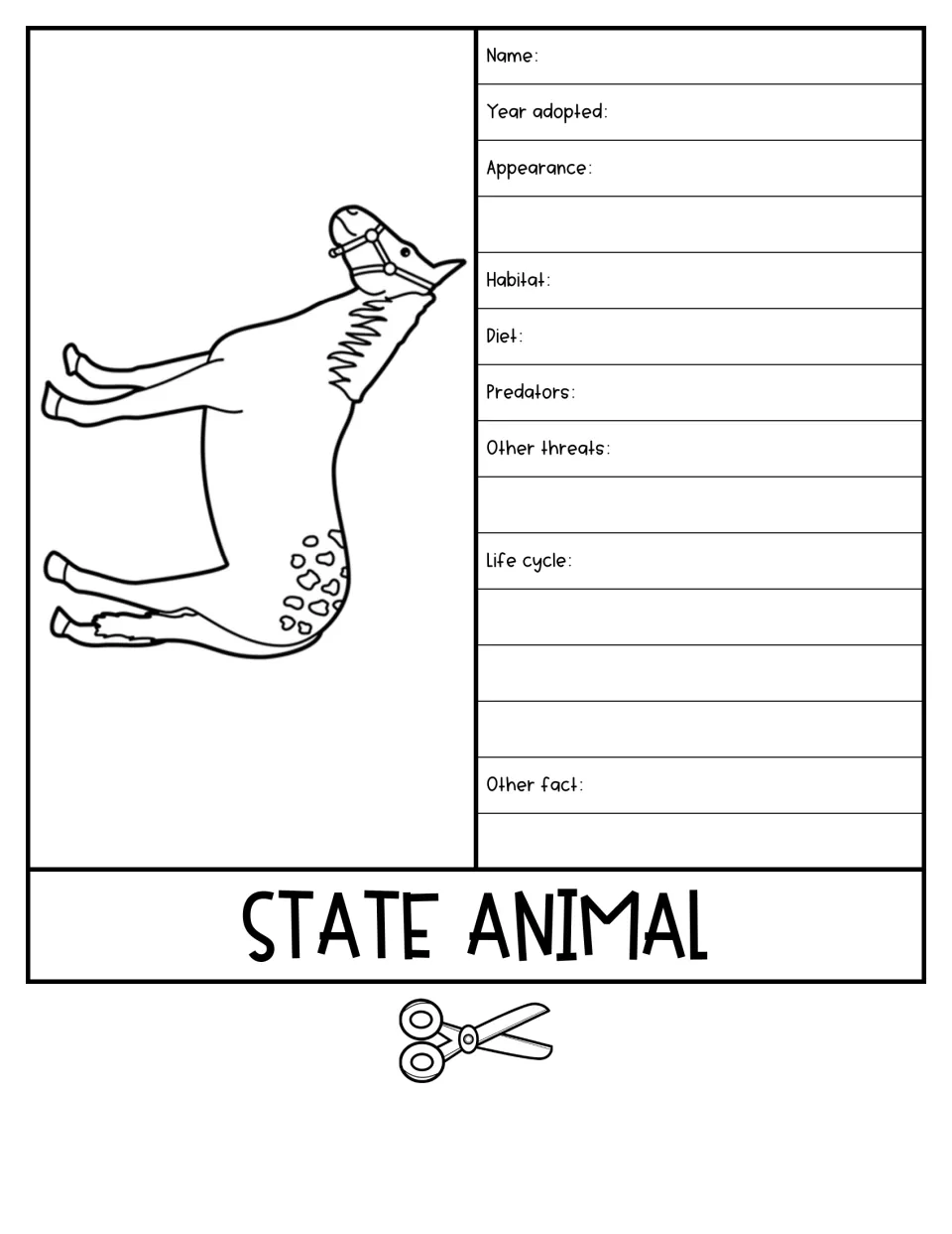 State animal flap with a spotted horse drawing; students fill in name, habitat, diet, predators, threats and life cycle